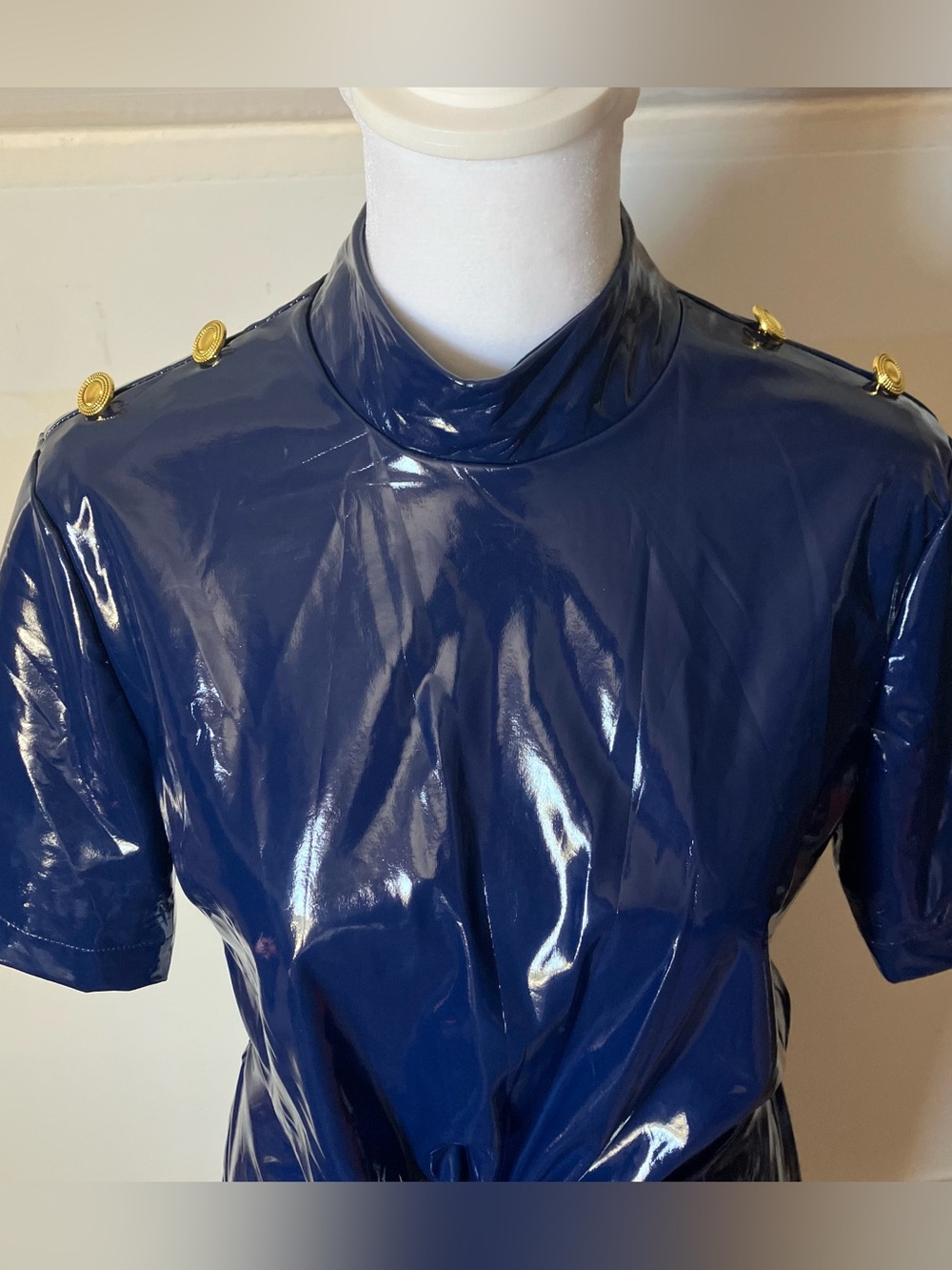 By Egreis Navy Blue Glossy Vinyl Marigold Cutout Midi Dress size Small - Picture 8 of 11
